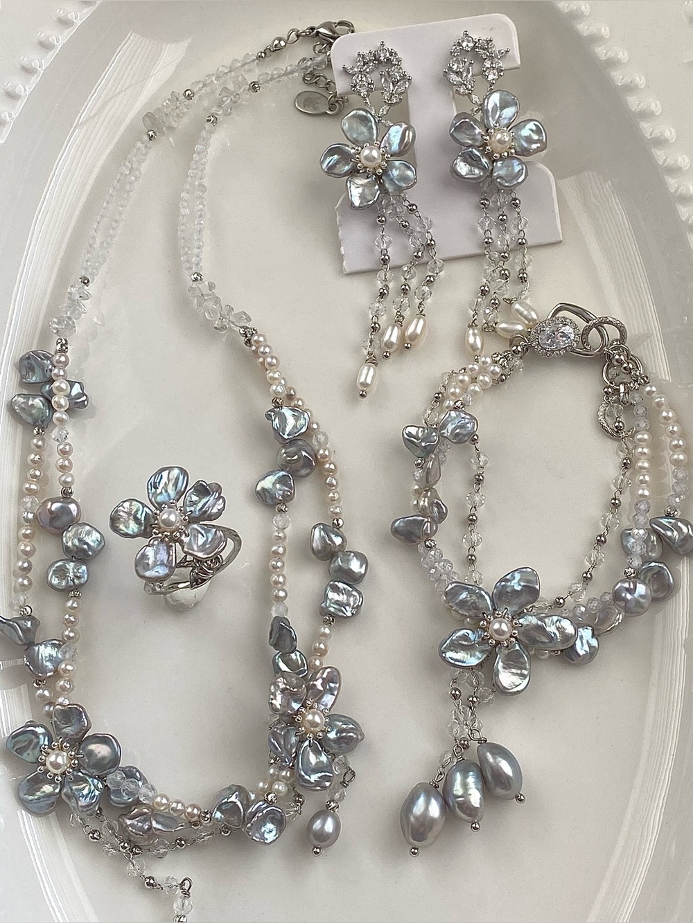High Quality Natural Pearl Flowers And Clear Quartz Set